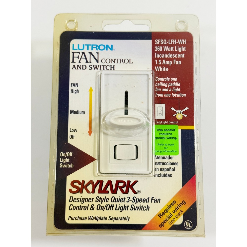 Lutron Skylark Fan Control Light Switch White SFSQ-LFH-WH 3-Speed Quiet Designer